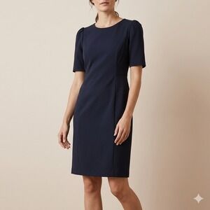 DKNY Sheath Dress 12 Navy Puff Sleeve Office Siren Minimalist